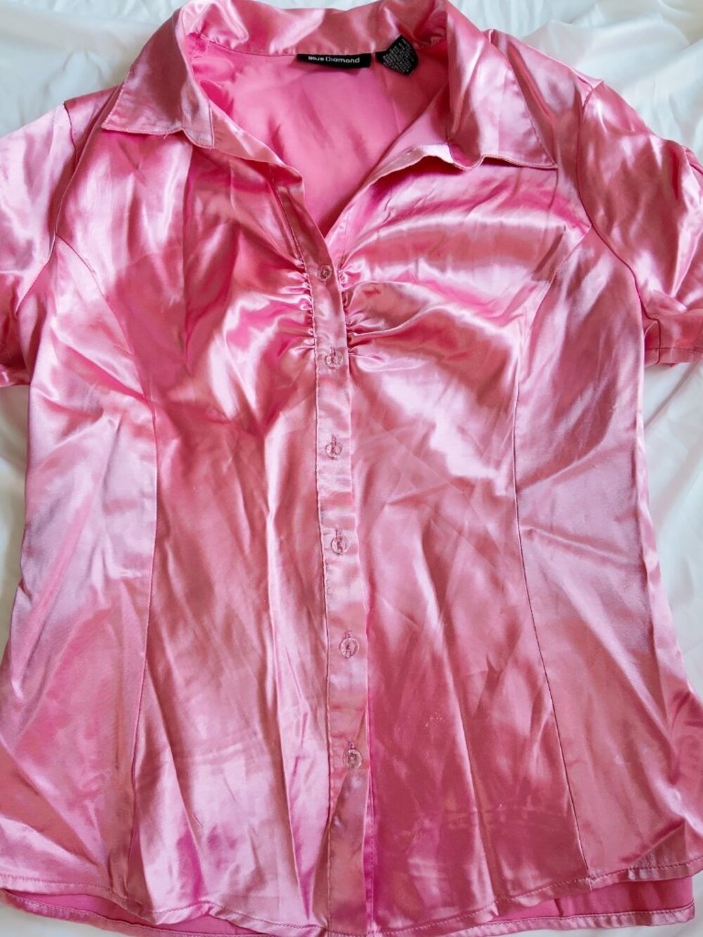 Y2K Pink Blouse Satin button up Blue Diamond size L Office Siren 2000s